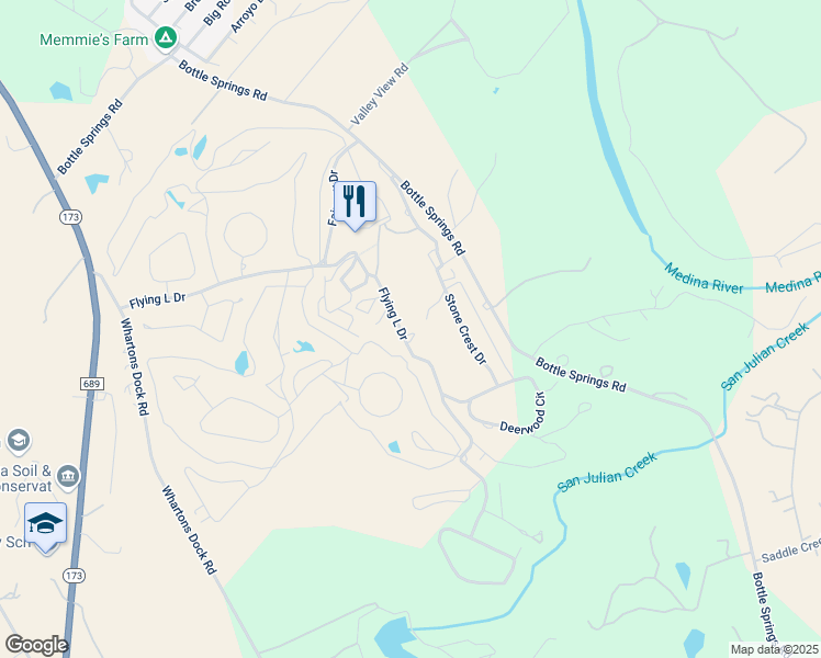 map of restaurants, bars, coffee shops, grocery stores, and more near 289 Stone Crest Drive in Bandera