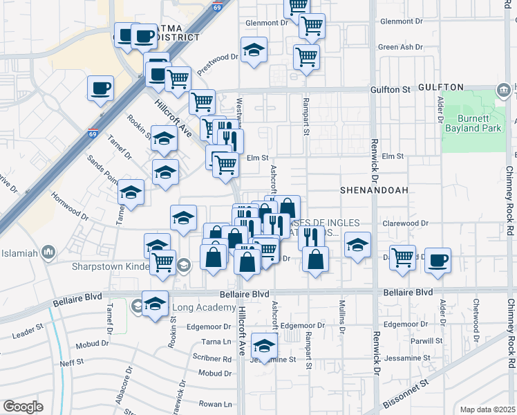 map of restaurants, bars, coffee shops, grocery stores, and more near 6525 Hillcroft Street in Houston