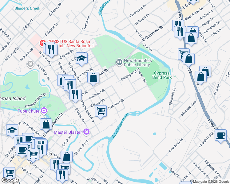 map of restaurants, bars, coffee shops, grocery stores, and more near 592 Dittlinger Street in New Braunfels