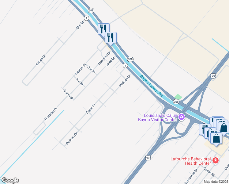 map of restaurants, bars, coffee shops, grocery stores, and more near 200 Pelican Drive in Raceland