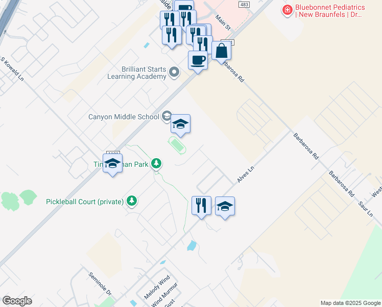 map of restaurants, bars, coffee shops, grocery stores, and more near 347 Creekside Curve in New Braunfels