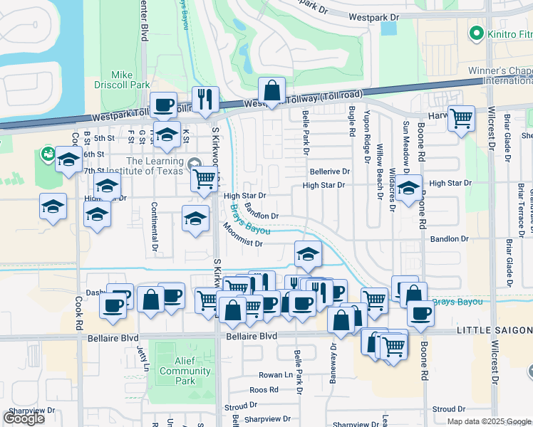 map of restaurants, bars, coffee shops, grocery stores, and more near 4319 Cinnabar Drive in Houston