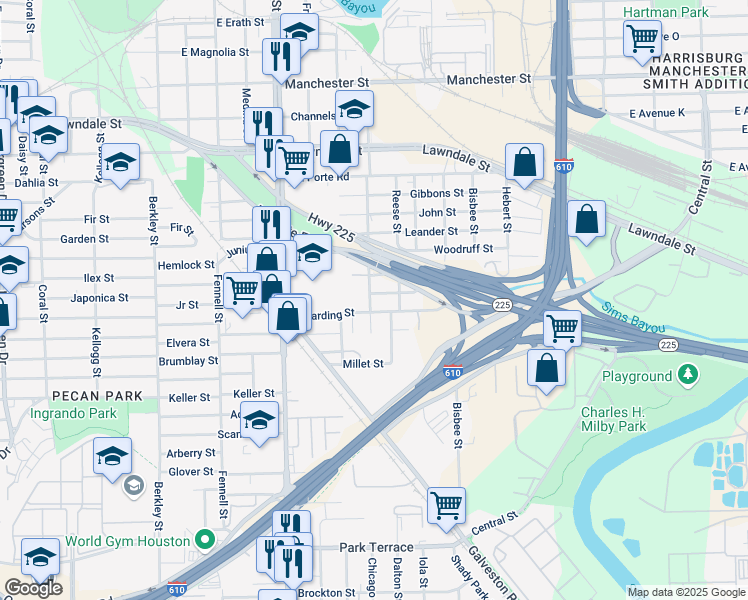 map of restaurants, bars, coffee shops, grocery stores, and more near 8405 Coolidge Street in Houston