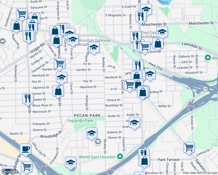 map of restaurants, bars, coffee shops, grocery stores, and more near 7714 Williford Street in Houston