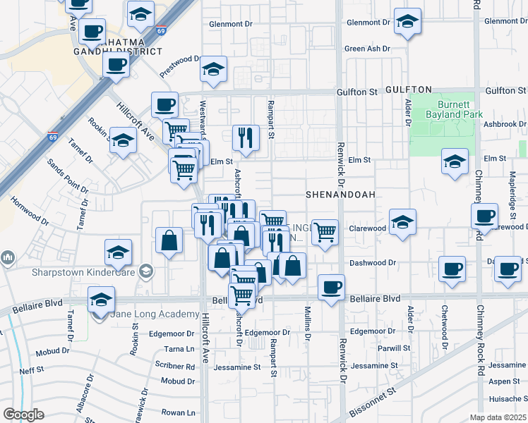 map of restaurants, bars, coffee shops, grocery stores, and more near 6440 Rampart Street in Houston