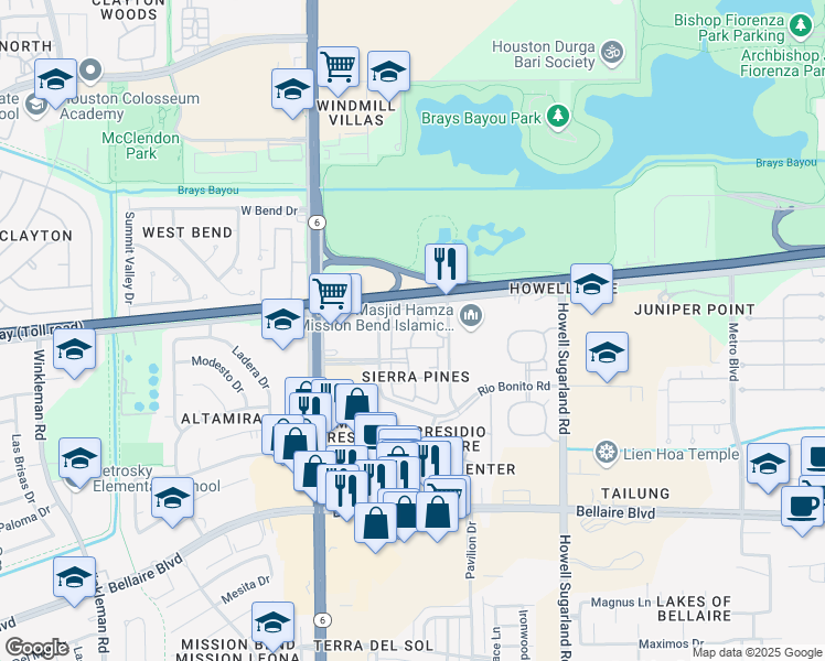 map of restaurants, bars, coffee shops, grocery stores, and more near 6301 Sierra Blanca Drive in Houston