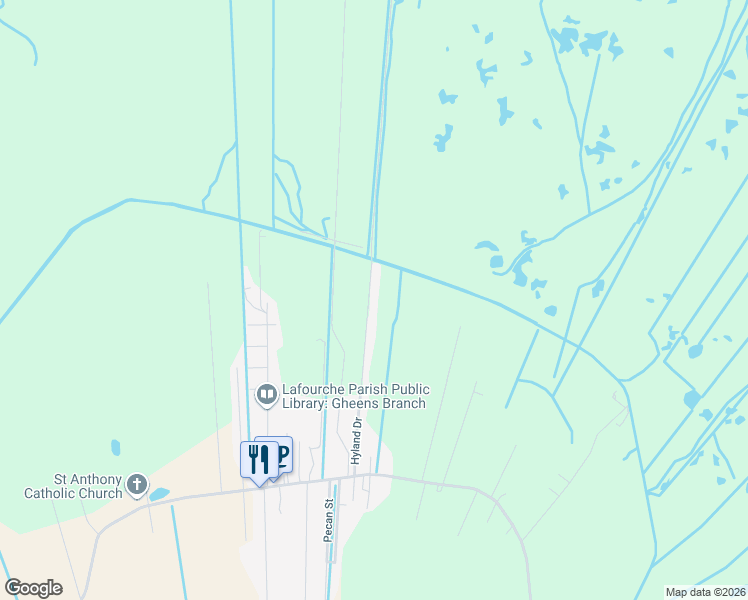 map of restaurants, bars, coffee shops, grocery stores, and more near 240 Hyland Drive in Gheens