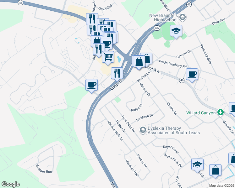 map of restaurants, bars, coffee shops, grocery stores, and more near 450 Kerlick Lane in New Braunfels