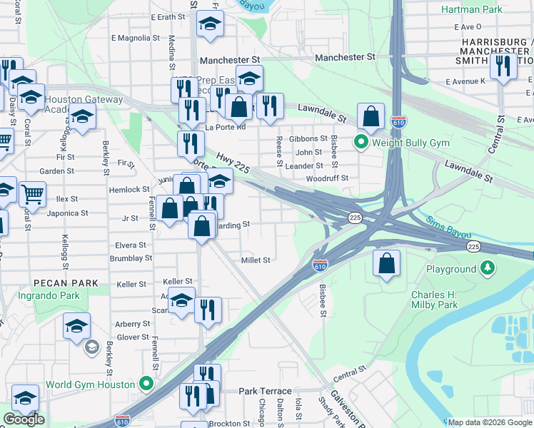 map of restaurants, bars, coffee shops, grocery stores, and more near 8405 Coolidge Street in Houston