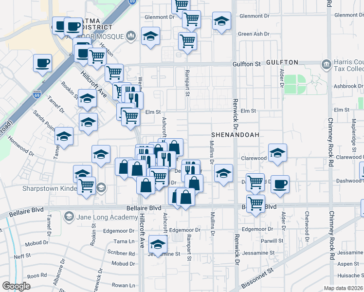 map of restaurants, bars, coffee shops, grocery stores, and more near 6440 Rampart Street in Houston