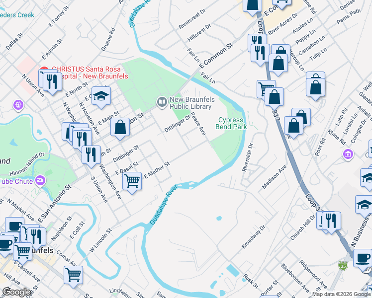 map of restaurants, bars, coffee shops, grocery stores, and more near 795 East Mather Street in New Braunfels