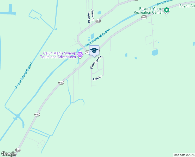 map of restaurants, bars, coffee shops, grocery stores, and more near Lark Drive in Bayou L'Ourse