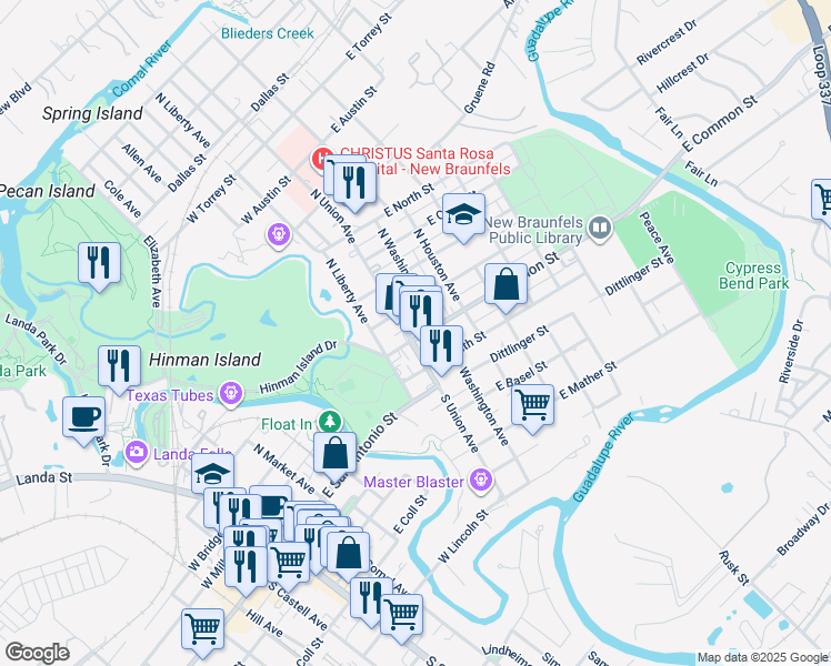 map of restaurants, bars, coffee shops, grocery stores, and more near 105 Common Street in New Braunfels