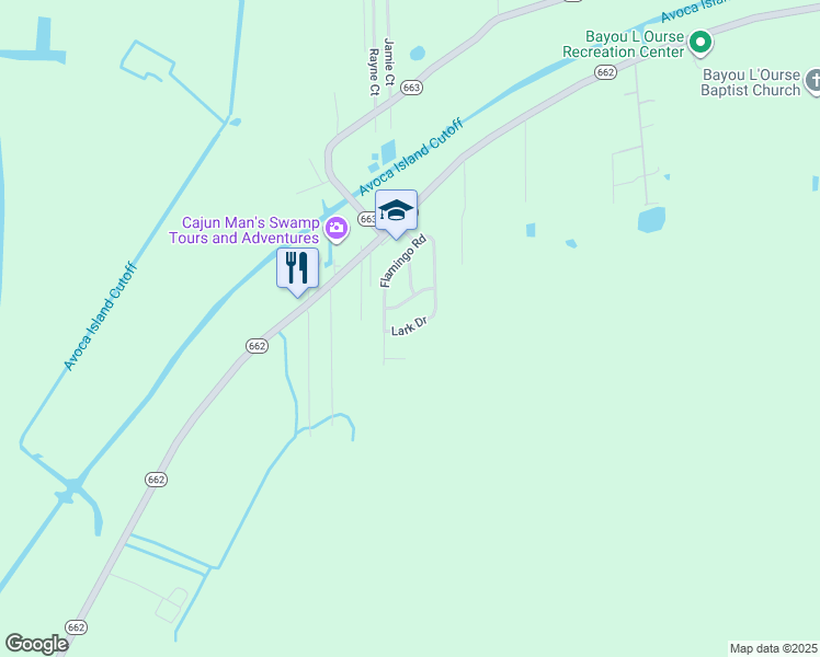 map of restaurants, bars, coffee shops, grocery stores, and more near Lark Drive in Bayou L'Ourse