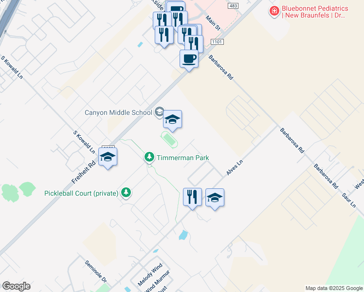 map of restaurants, bars, coffee shops, grocery stores, and more near 343 Creekside Curve in New Braunfels