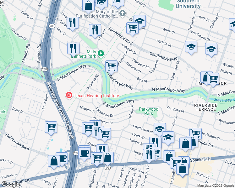 map of restaurants, bars, coffee shops, grocery stores, and more near 5800 Bayou Bend Court in Houston