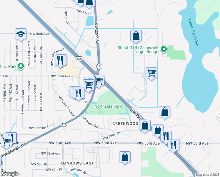 map of restaurants, bars, coffee shops, grocery stores, and more near Northwest 13th Street in Gainesville
