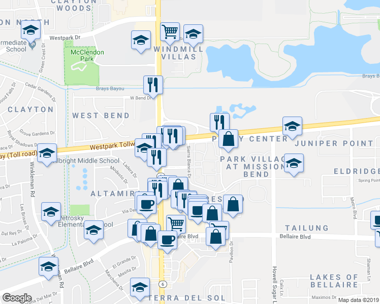 map of restaurants, bars, coffee shops, grocery stores, and more near 6 Sierra Blanca Drive in Houston