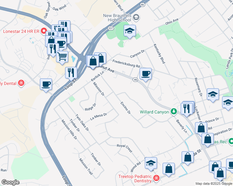 map of restaurants, bars, coffee shops, grocery stores, and more near 878 Laurel Lane in New Braunfels
