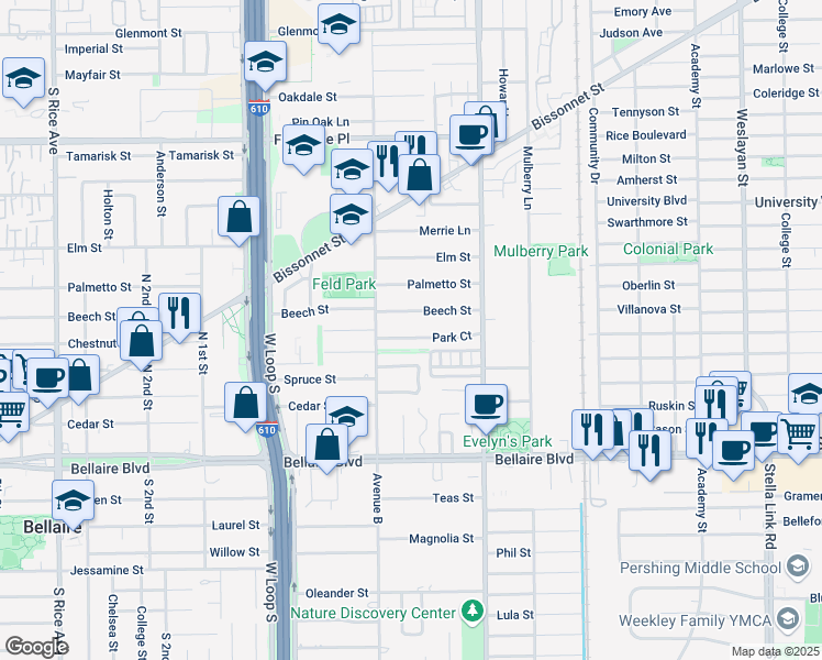 map of restaurants, bars, coffee shops, grocery stores, and more near 4525 Beech Street in Bellaire