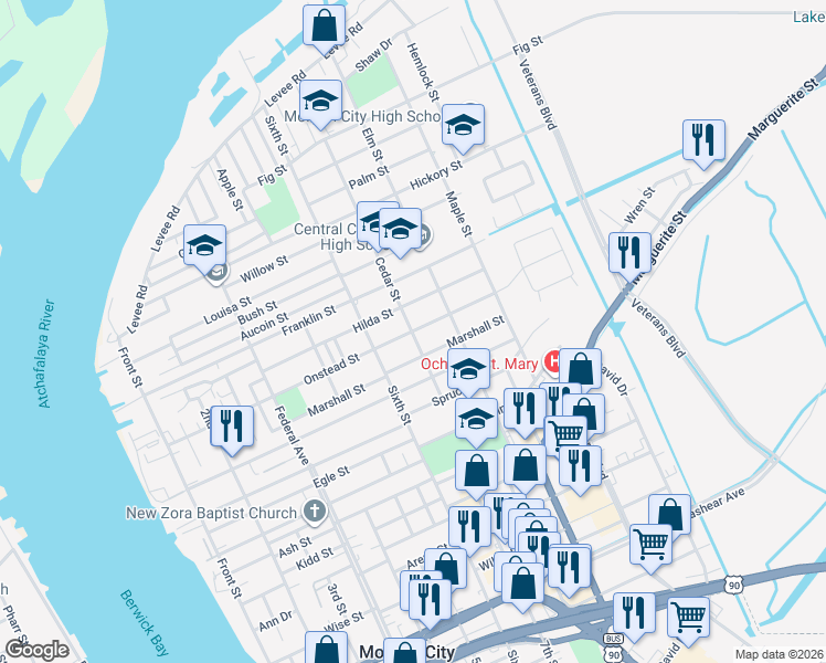 map of restaurants, bars, coffee shops, grocery stores, and more near 901 Onstead Street in Morgan City