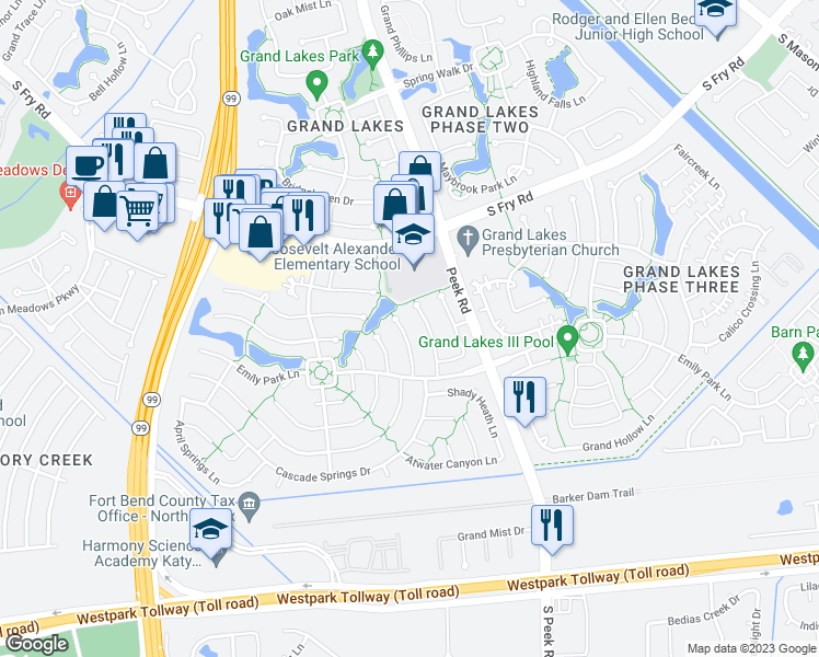 map of restaurants, bars, coffee shops, grocery stores, and more near 5815 Coral Springs Court in Katy