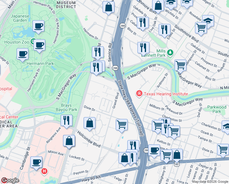 map of restaurants, bars, coffee shops, grocery stores, and more near 3134 Grand Boulevard in Houston
