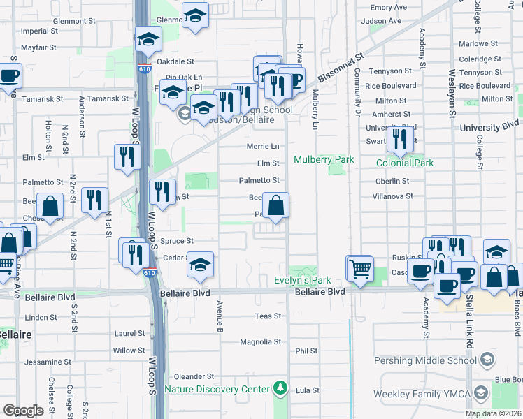 map of restaurants, bars, coffee shops, grocery stores, and more near 4509 Beech Street in Bellaire