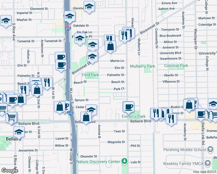 map of restaurants, bars, coffee shops, grocery stores, and more near 4525 Beech Street in Bellaire
