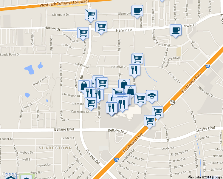 map of restaurants, bars, coffee shops, grocery stores, and more near 7500 Clarewood Drive in Houston