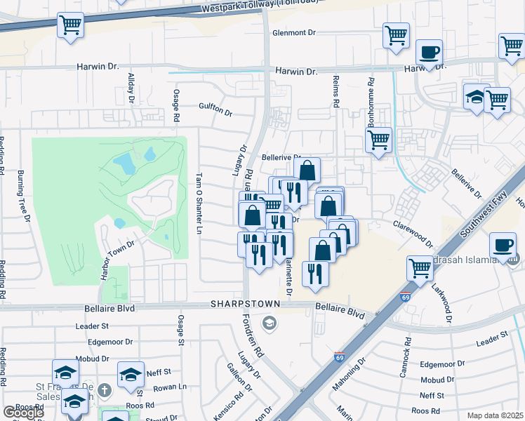 map of restaurants, bars, coffee shops, grocery stores, and more near 7650 Clarewood Drive in Houston
