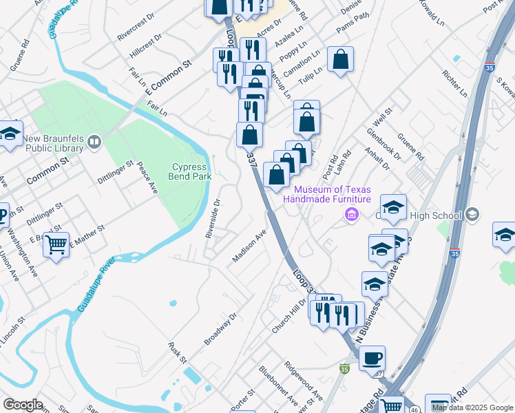 map of restaurants, bars, coffee shops, grocery stores, and more near 634 Summerwood Drive in New Braunfels