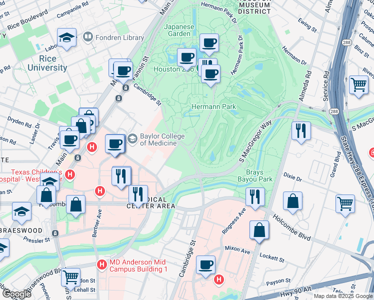 map of restaurants, bars, coffee shops, grocery stores, and more near 1648 Cambridge Street in Houston