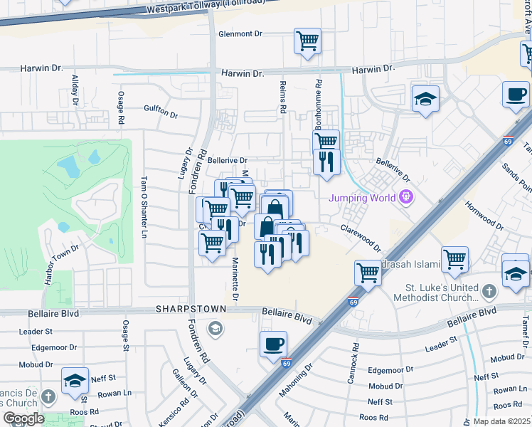 map of restaurants, bars, coffee shops, grocery stores, and more near 7500 Clarewood Drive in Houston
