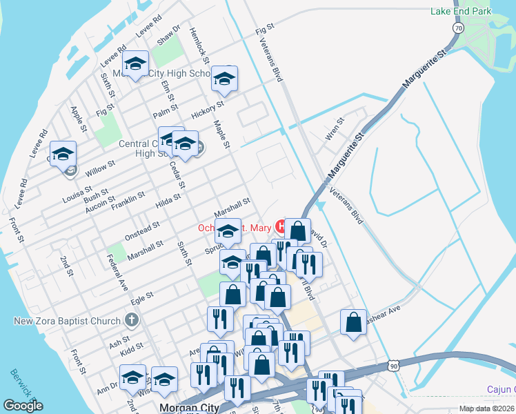 map of restaurants, bars, coffee shops, grocery stores, and more near 1000-1098 Marshall St in Morgan City