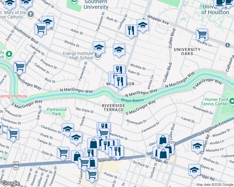 map of restaurants, bars, coffee shops, grocery stores, and more near Scott St & N MacGregor Way in Houston