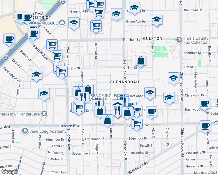 map of restaurants, bars, coffee shops, grocery stores, and more near 6002 Hornwood Drive in Houston