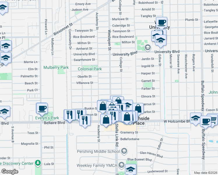 map of restaurants, bars, coffee shops, grocery stores, and more near 4025 Villanova Street in West University Place