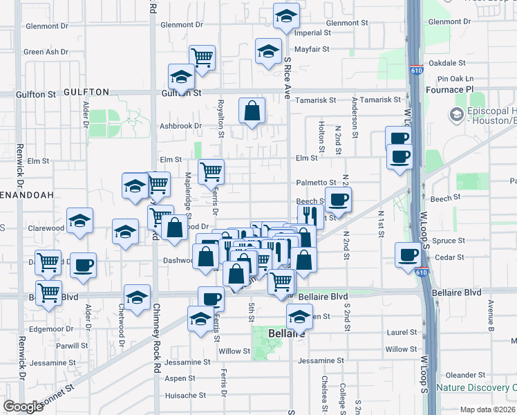 map of restaurants, bars, coffee shops, grocery stores, and more near 5201 Beech Street in Bellaire