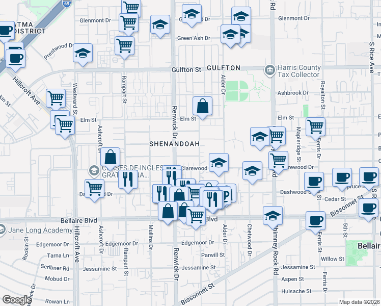 map of restaurants, bars, coffee shops, grocery stores, and more near 5822 Hornwood Drive in Houston