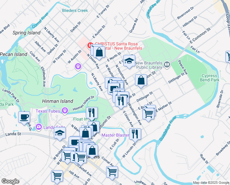 map of restaurants, bars, coffee shops, grocery stores, and more near 105 Common Street in New Braunfels
