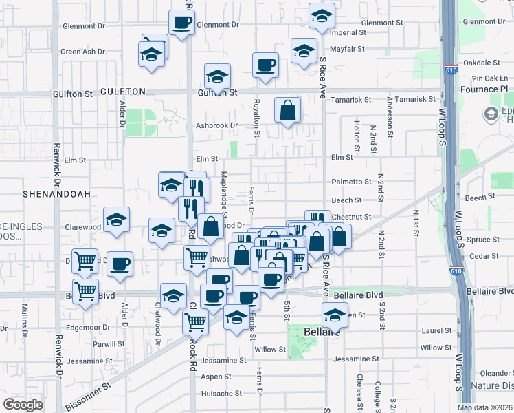 map of restaurants, bars, coffee shops, grocery stores, and more near 5217 Beech Street in Bellaire