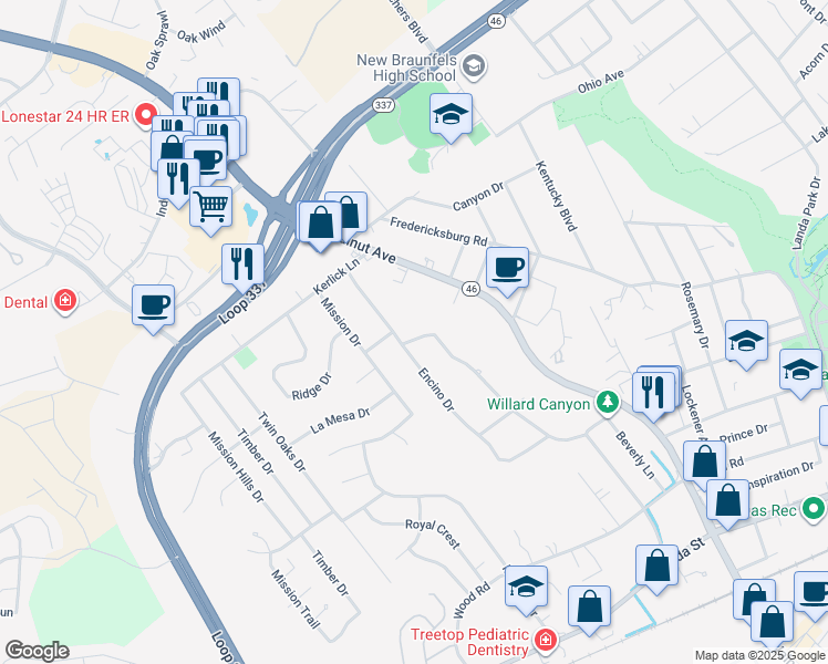 map of restaurants, bars, coffee shops, grocery stores, and more near 878 Laurel Lane in New Braunfels