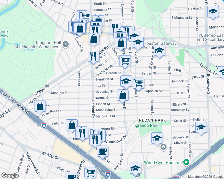 map of restaurants, bars, coffee shops, grocery stores, and more near 7111 Japonica Street in Houston