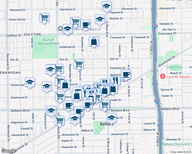 map of restaurants, bars, coffee shops, grocery stores, and more near 5201 Beech Street in Bellaire