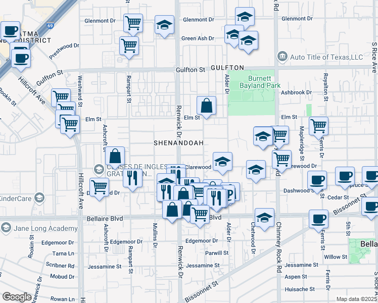 map of restaurants, bars, coffee shops, grocery stores, and more near 5822 Hornwood Drive in Houston
