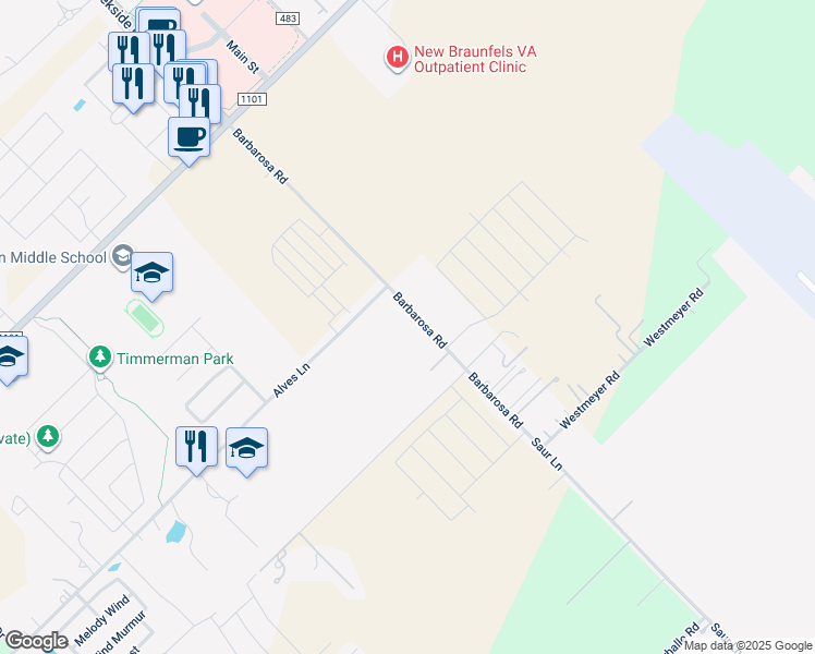 map of restaurants, bars, coffee shops, grocery stores, and more near 1018 Barbarosa Road in New Braunfels