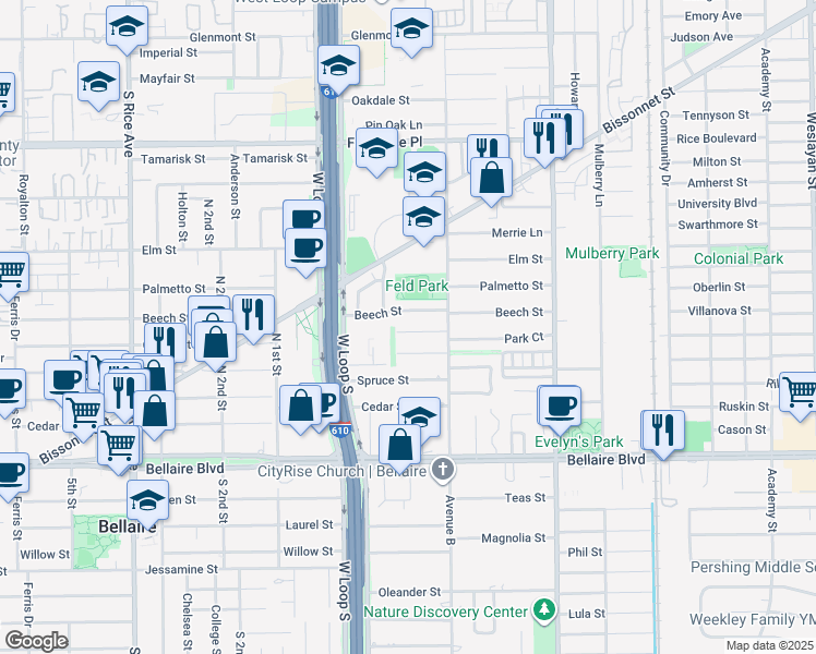 map of restaurants, bars, coffee shops, grocery stores, and more near 4614 Park Street in Bellaire