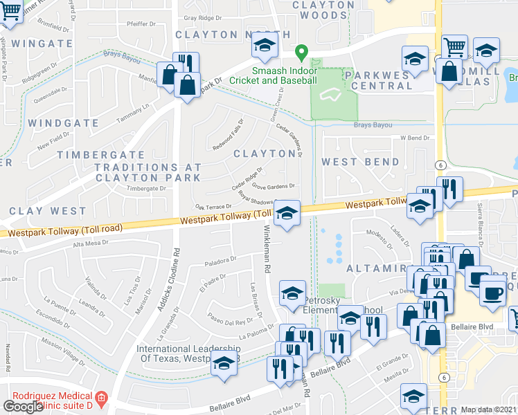 map of restaurants, bars, coffee shops, grocery stores, and more near 15111 Royal Shadows Dr in Houston