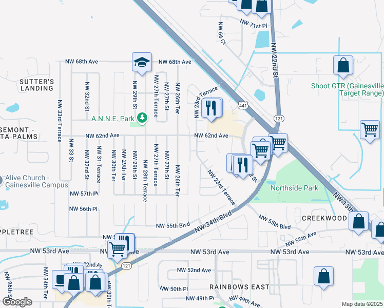 map of restaurants, bars, coffee shops, grocery stores, and more near 6031 Northwest 26th Street in Gainesville